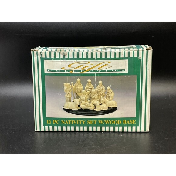 Nativity Scene w/Wood Base, 11-PC Porcelain Set, Gold Trim Accents Christmas - Picture 1 of 4